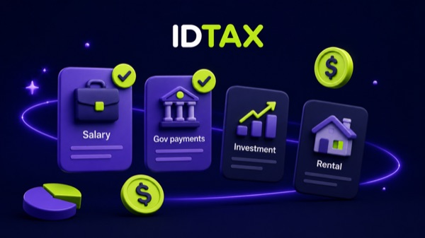 Income type selection cards for salary, government payments, investments, and rental income
